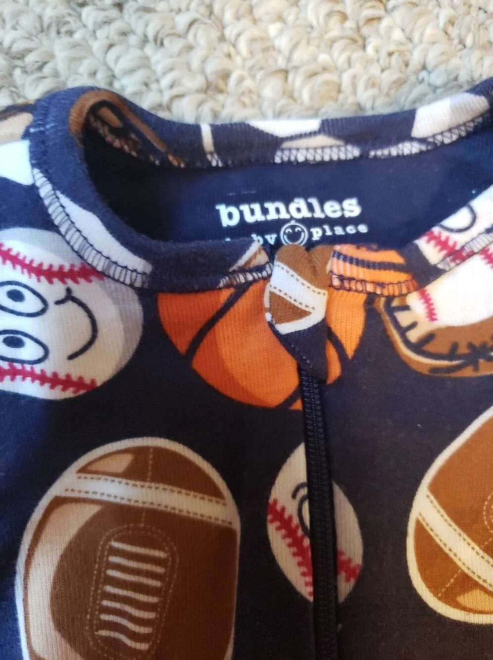 Bundles Baby Place Navy Sports Print Zip-Front Footed One-Piece 6/9M